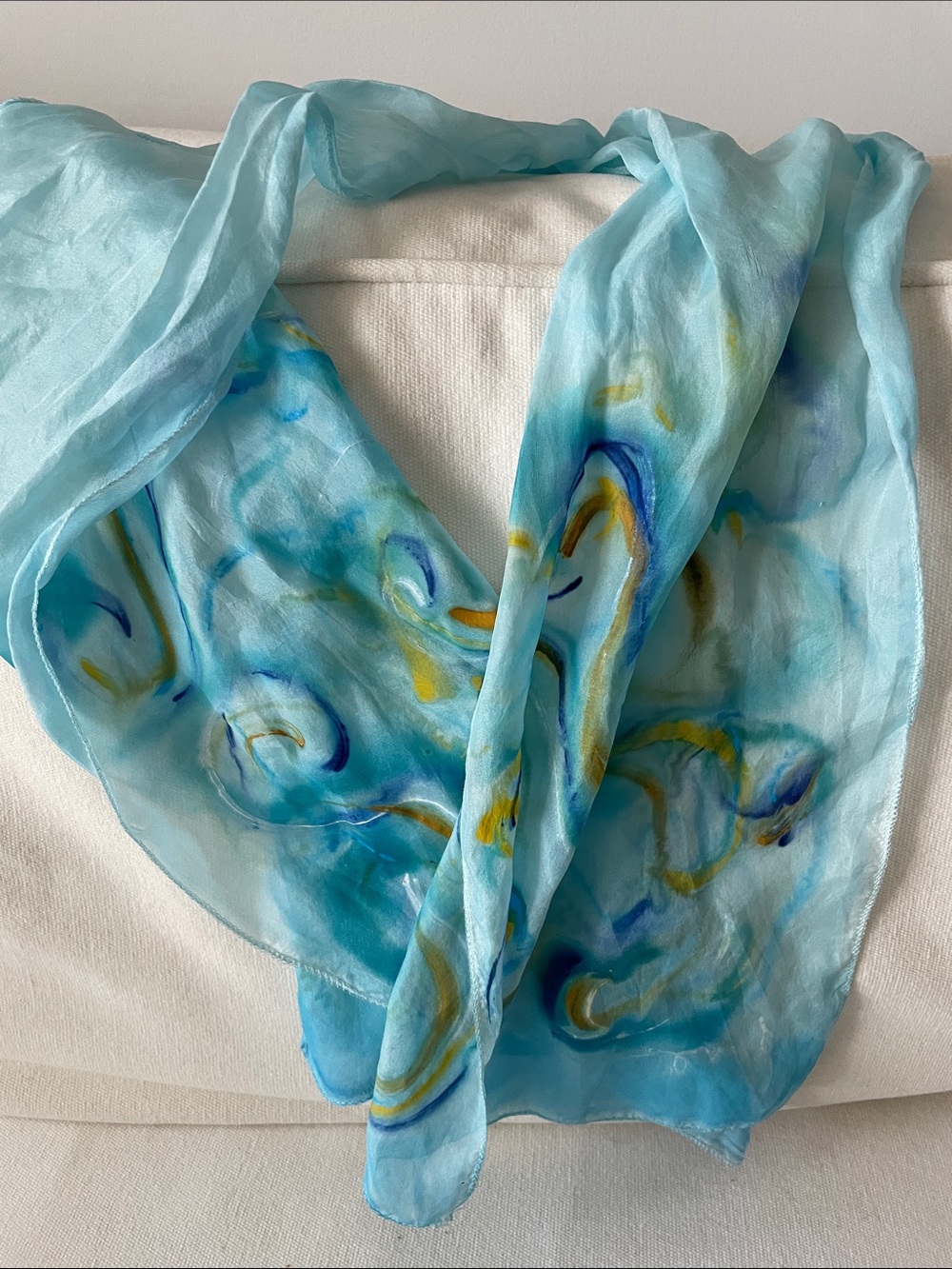 Light Blue Hand-Painted Silk Scarf with Turquoise & Yellow Accents